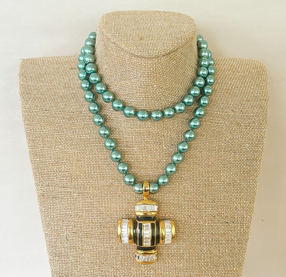 Uber Fabulous signed couture blue / green faux pearl beaded necklace by Joan Rivers with added chic couture cross pendant signed by Amy Miller
