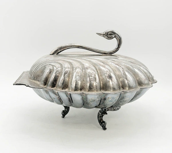 Vintage silver plated swan style shell serving dish with hinged lid.