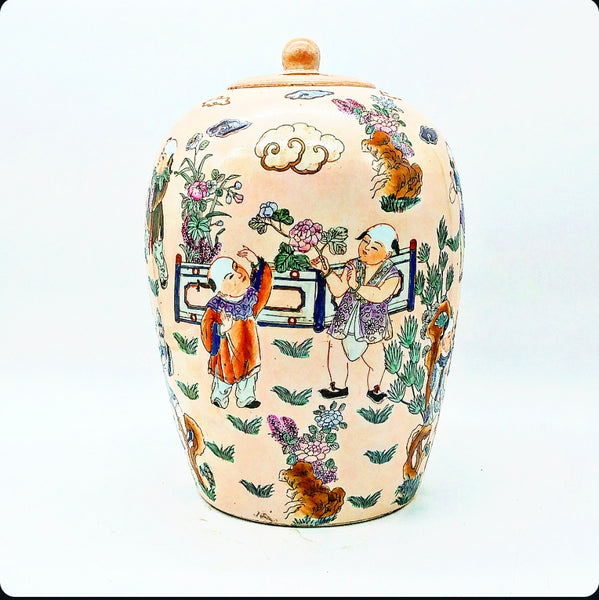 Hand Painted Chinese Porcelian 14" Jar W/ Lid, Pink, Vintage Oriental Home Decor