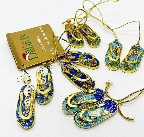 Fun 1980s cloisonné flip flop themed Christmas tree ornaments