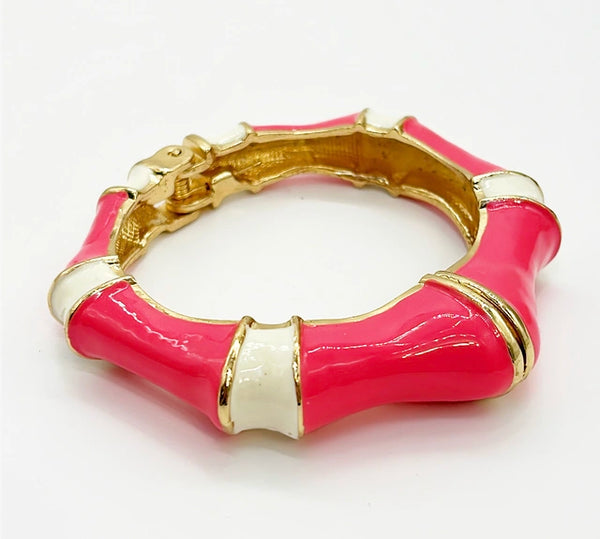 Chunky hot pink &amp; white enamel hinged style statement bracelet