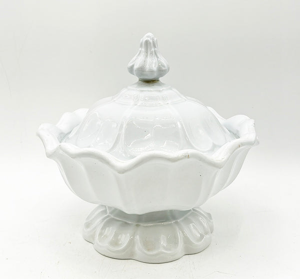 Antique 1850s white ironstone covered round tureen with lid.