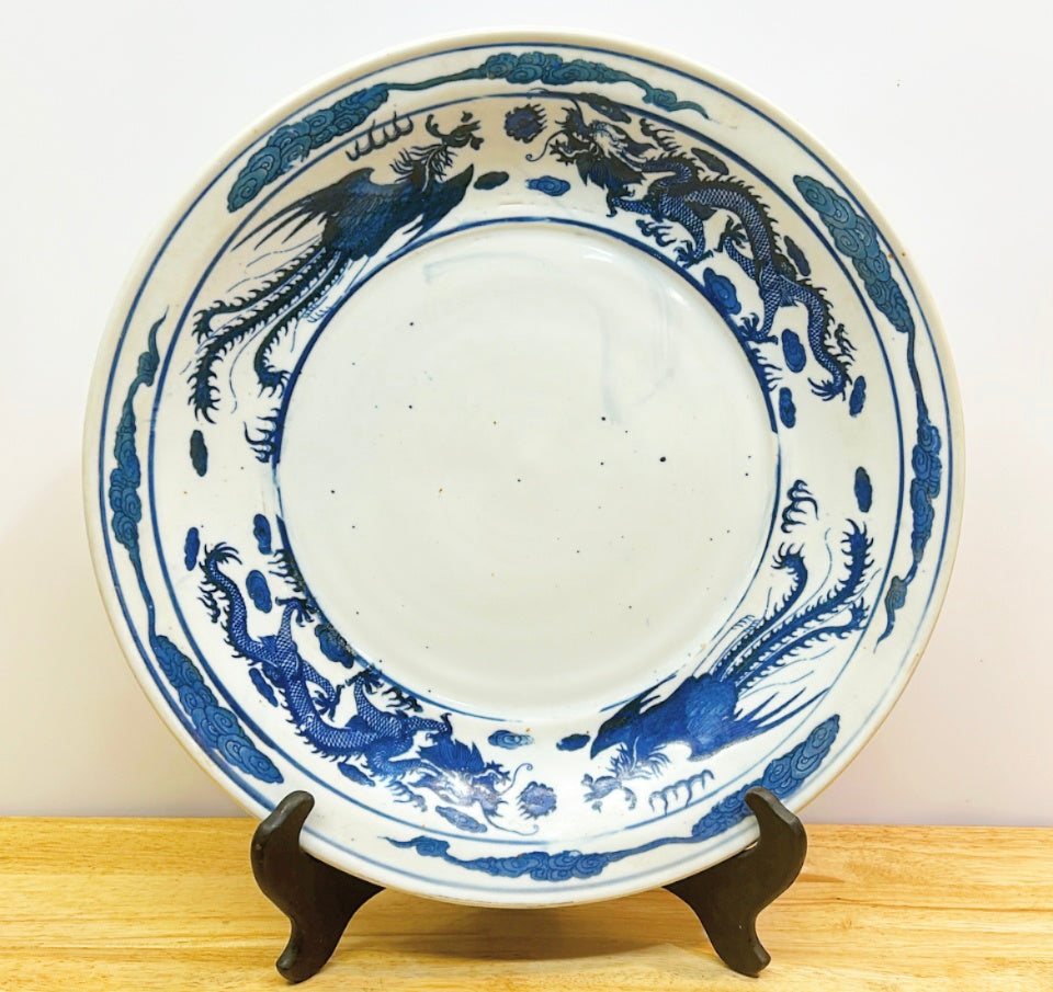 Large antique blue &amp; white chinoiserie style charger plate