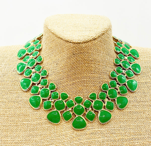 Festive green enamel &amp; gold metal tone holiday statement necklace.