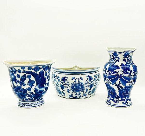 Vintage 90s blue &amp; white chinoiserie style glazed porcelain wall mounted style half vases.