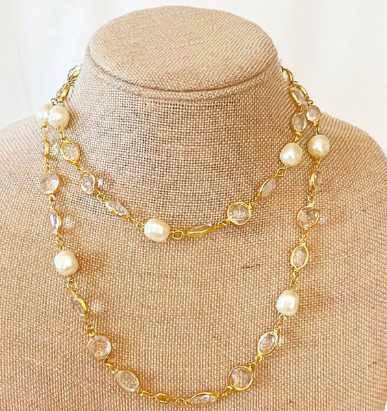 Vintage long faux pearl & clear crystal designer style necklace.
