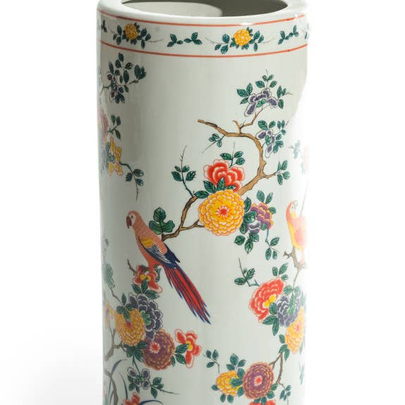 White Ceramic Floral & Tropical Bird Umbrella Stand