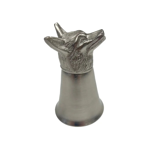 Pewter-Plated Fox Head Stirrup Cup, Jigger, Shot Glass- S/4