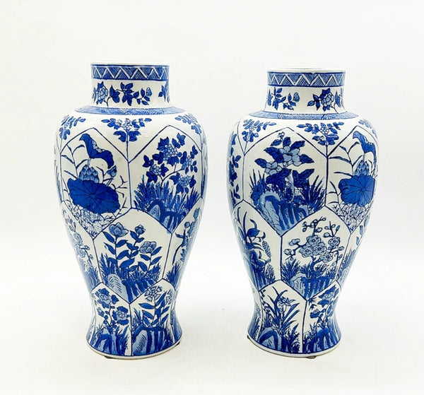 Pair of vintage, tall, blue and white porcelain Chinoiserie style vases