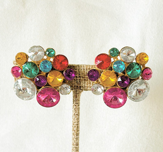 Beautiful vintage multi colored rhinestone glamorous clip on earrings.
