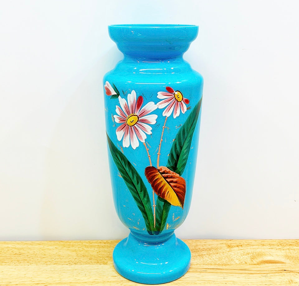 Super rare blue Opaline antique vase with painted pink &amp; green flowers.