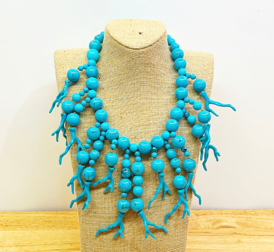 Designer Italian blue turquoise beaded statement necklace