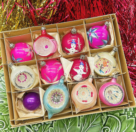 Amazing 1950s vintage set of 12 Christmas ornaments handblown glass several reflector styles some marked on the top made in Poland