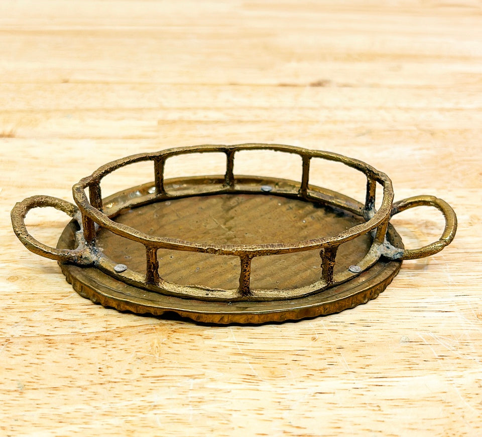 Rare mini solid brass oval bamboo style tray with side handles.