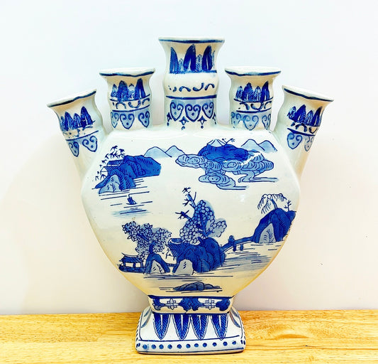 Rare large scale vintage blue &amp; white chinoiserie style tulipiere vase.