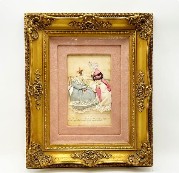 Rare vintage shadow box style Victorian fashion art work with actual fabric details.