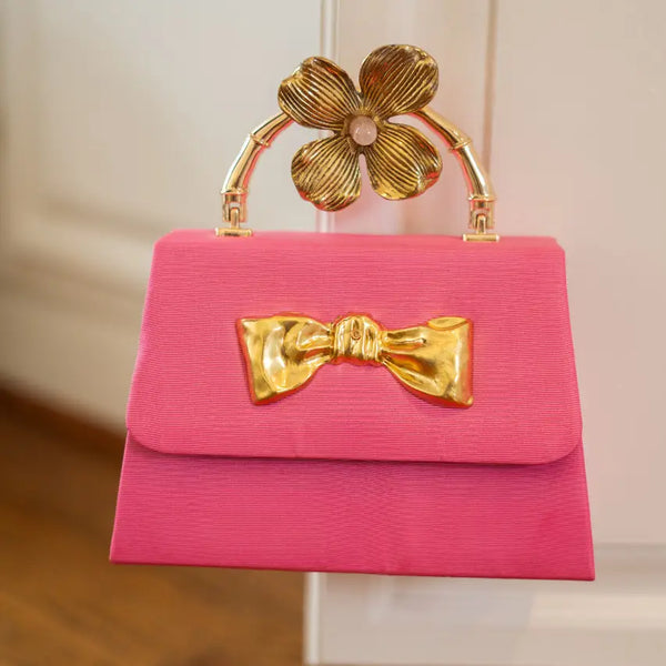 Pink - Gold Bow- Gold Bamboo Handle - Hand Bag