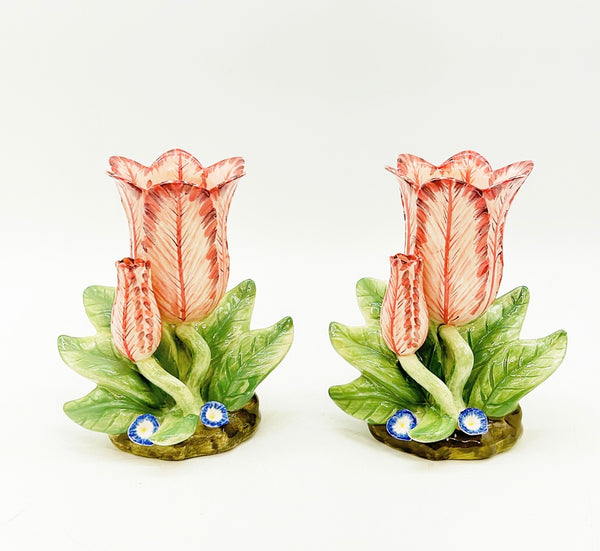 Pair of rare pink &amp; green Mario Buatta style vintage tulip vases