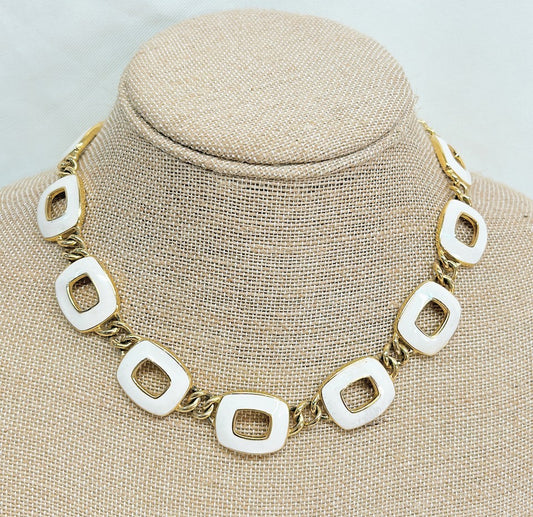 Vintage 1980s signed NAPIER couture link necklace with creamy white enamel square link design set in a gold tone metal