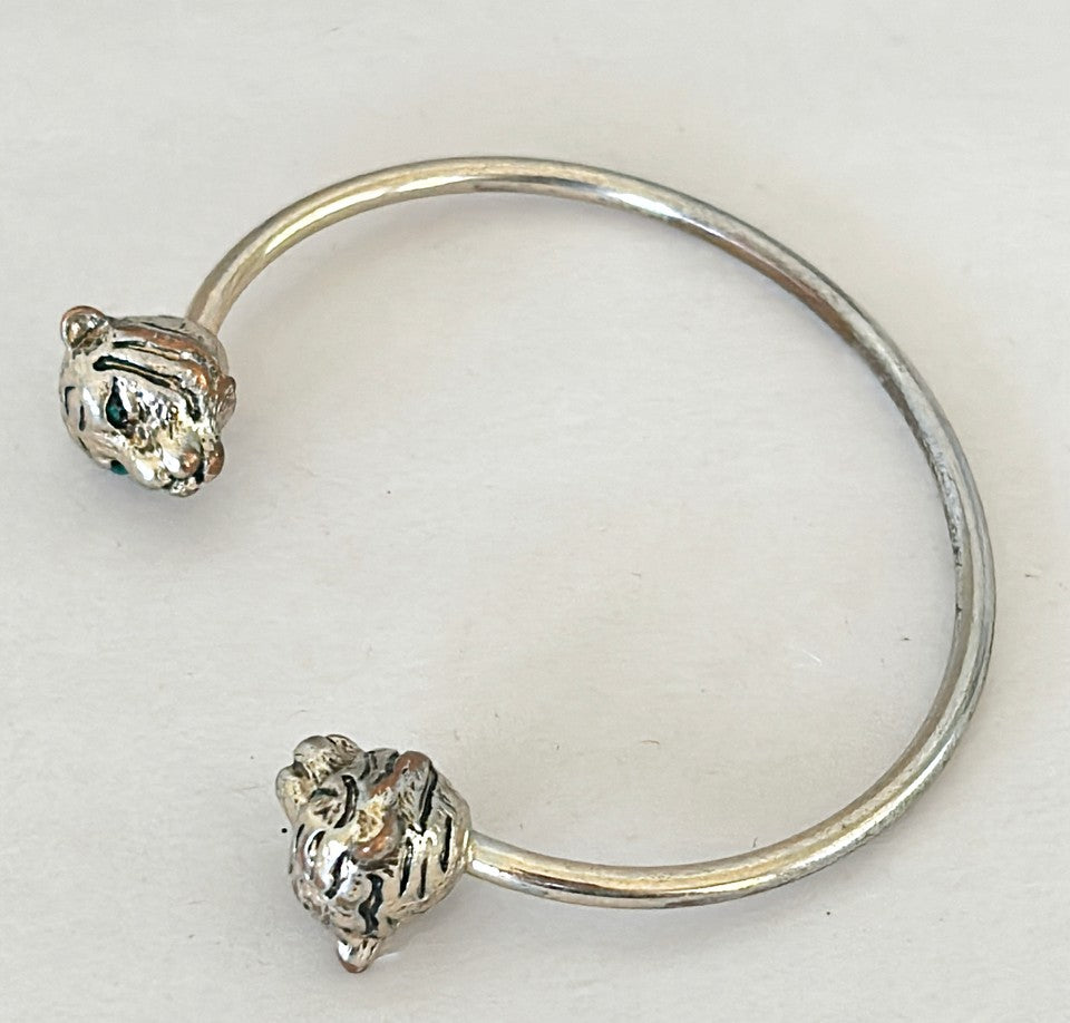 Vintage 80s silver tone metal cuff leopard head cuff bracelet