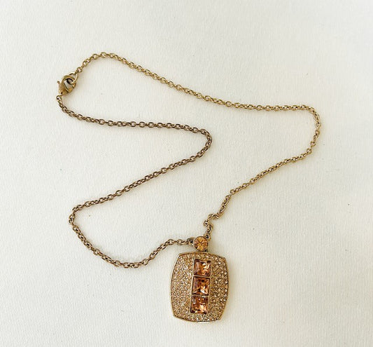 Rare 80s Givenchy necklace with stamped gold rhinestone Square pendant.