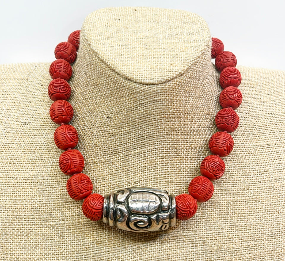 Vintage Chinese style carved cinnabar style beaded necklace