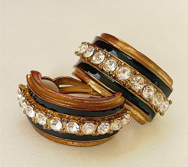 Vintage 80s clip earrings with rhinestones & black enamel details