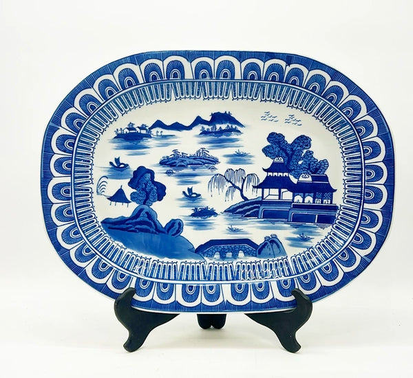 Extra large oval shape blue &amp; white chinoiserie vintage serving platter