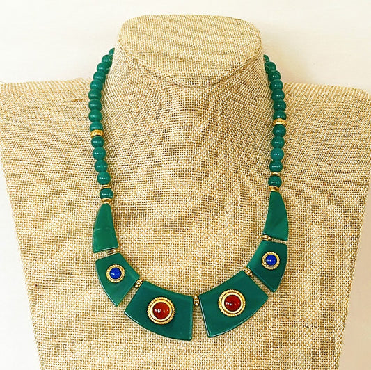 Rare early 1980’s green chalcedony stone necklace with gold accents