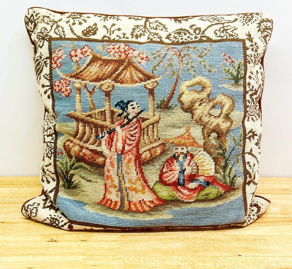 Hand stitched vintage chinoiserie style needlepoint pillow.