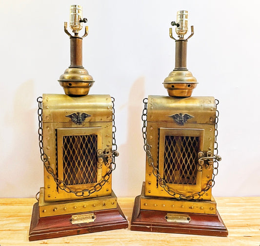 Solid brass vintage nautical style lamps with tags on base that read