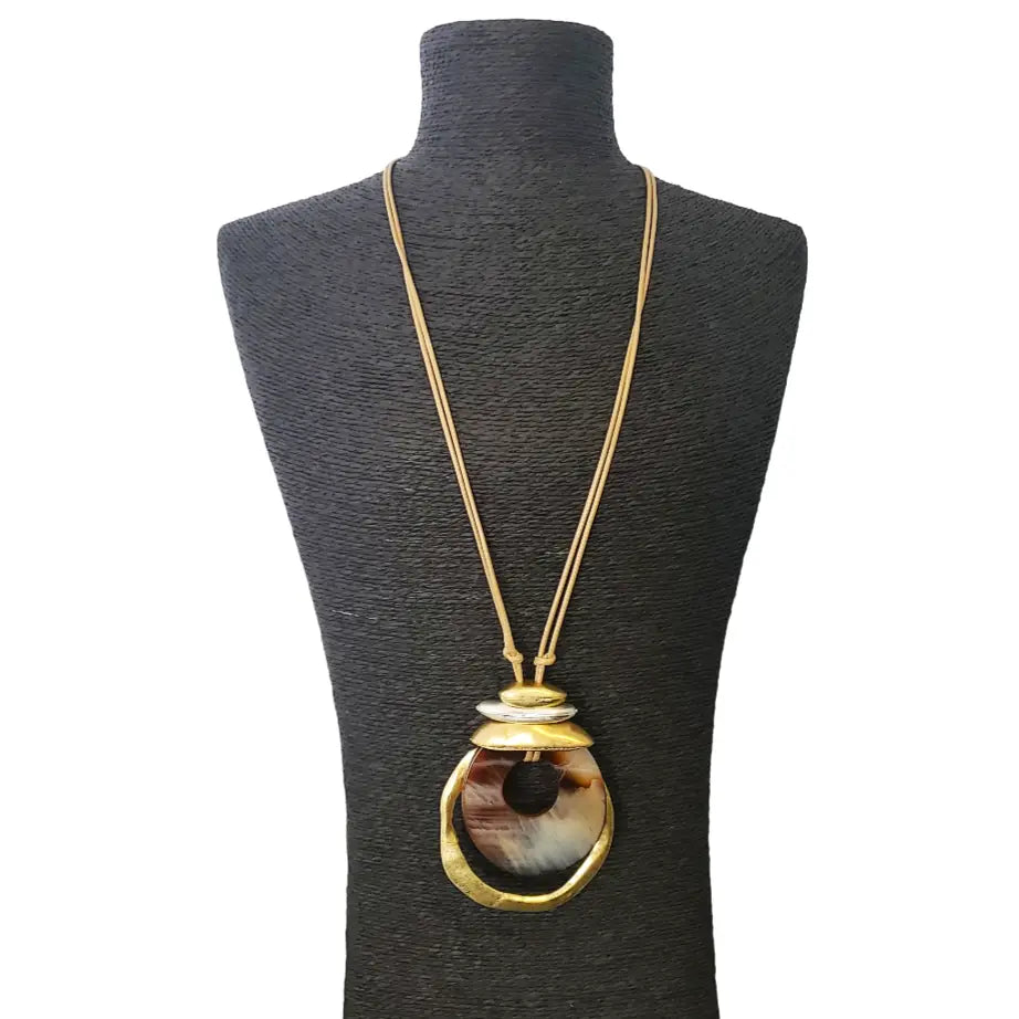 Neutral Tortoise Shell & Gold Geometric Pendant Necklace