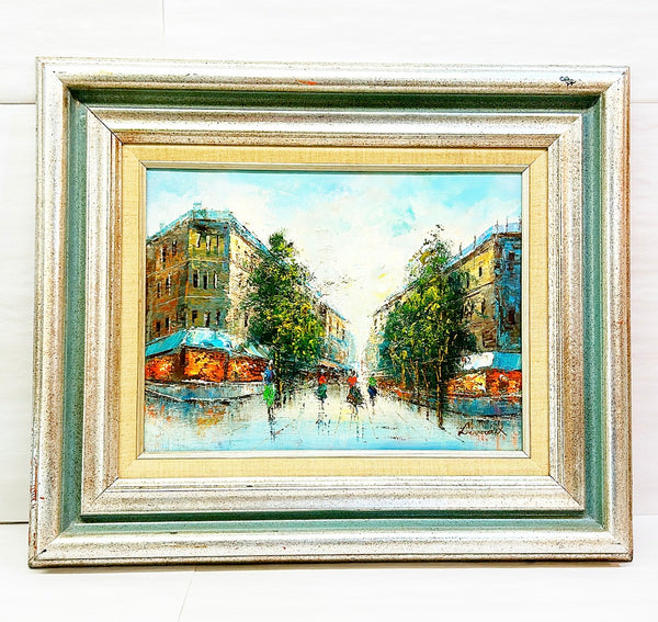 Vintage larger size original oil on canvas framed city scape of Paris.