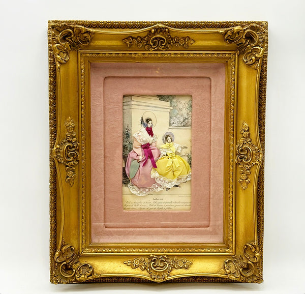 Rare vintage shadow box style Victorian fashion art work with actual fabric details.