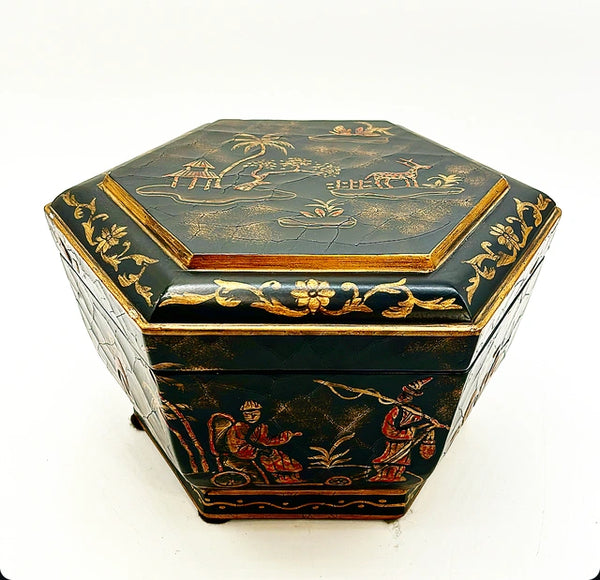 Vintage black chinoiserie lidded box with hinge.