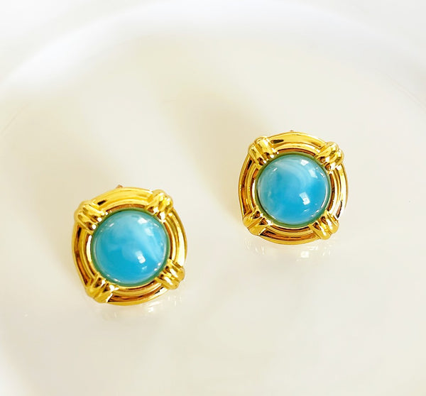 Round turquoise colored Gripoix style stone pierced earrings