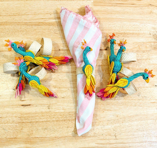 Set of 8 rattan woven style peacock bird designed decorative napkin rings.