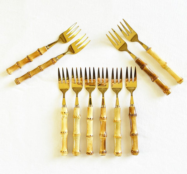 Set of 10 new natural bamboo handle cocktail style forks.