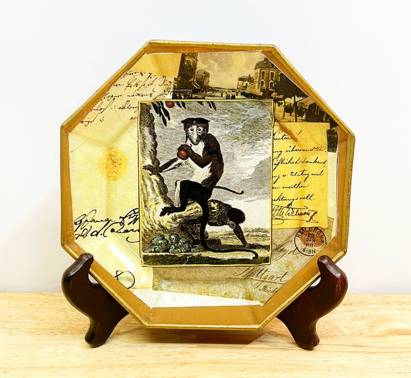 Decorative vintage decoupage monkey themed glass octagon plate