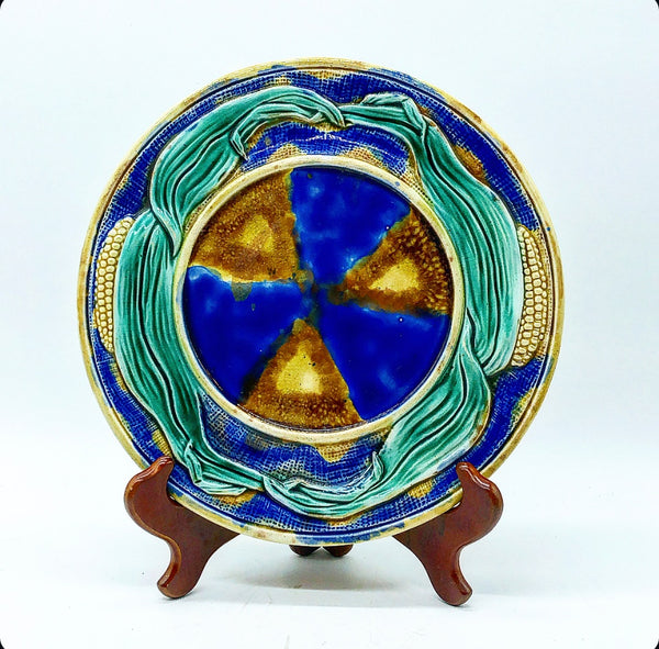 Majolica Green, Yellow & Blue Pedestal Plate