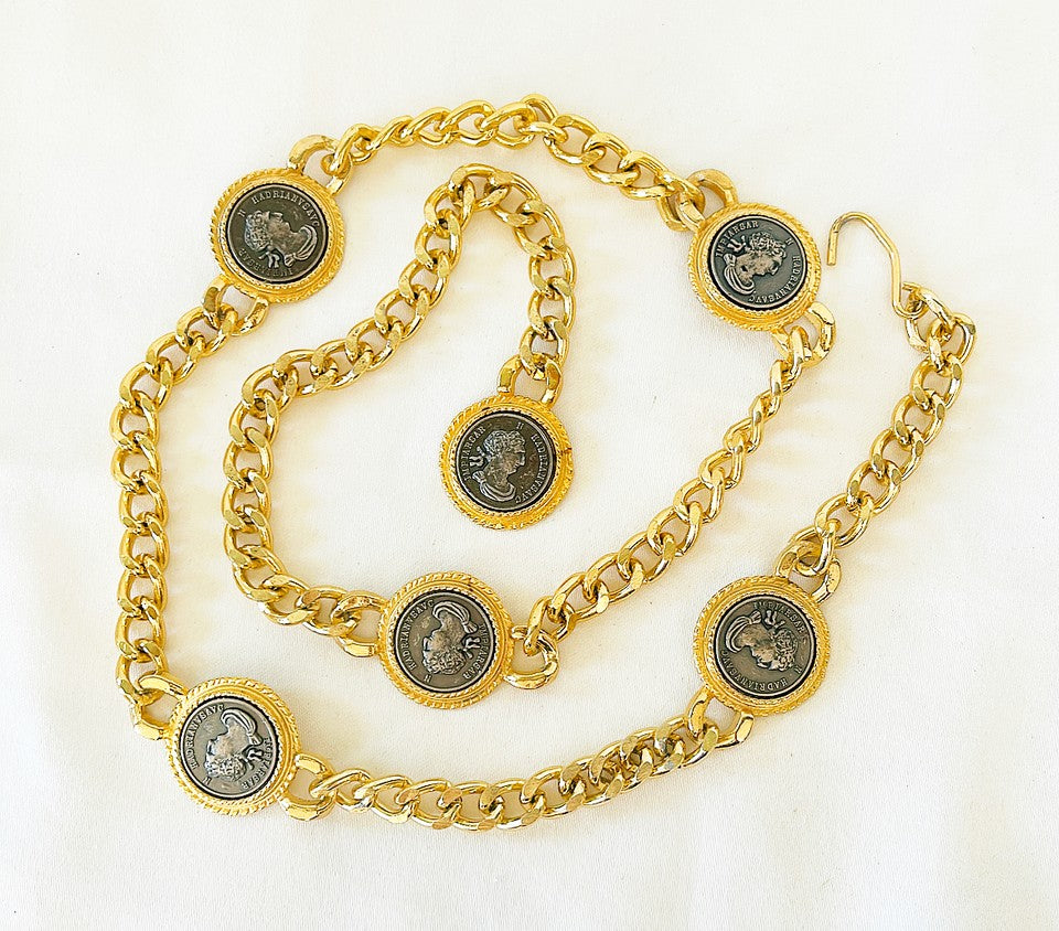 Fantastic late 1980s couture runway style gold chain link metal belt with large coin accents of Roman style medallions.