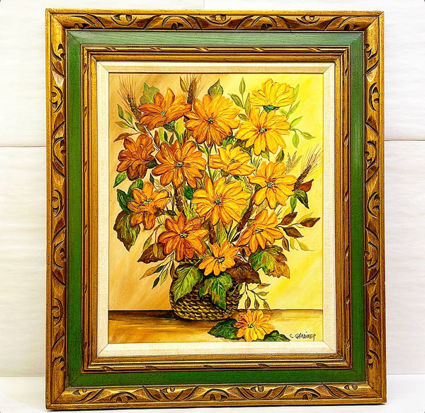 Large scale framed original art oil on canvas flowers in vase