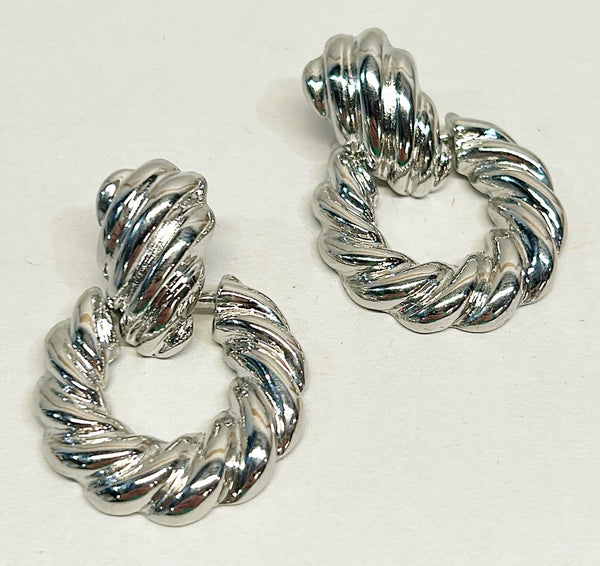 Classic silver rope twist style door knocker pierced earrings.