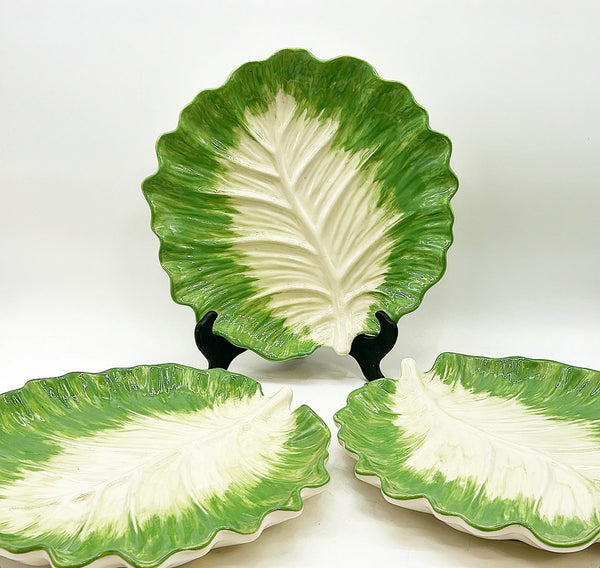 Three matching large green &amp; white cabbage ware style serving platters. S/3