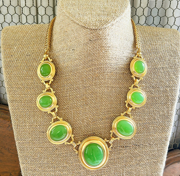 Stunning statement necklace with Lilly lime green colored Gripoix style stones.