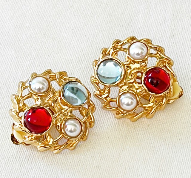 Stunning designer style clip on earrings with faux personal and Gripoix style stone accents