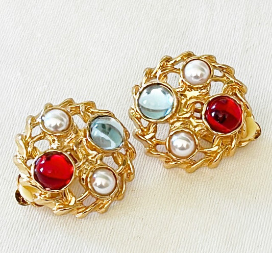 Stunning designer style clip on earrings with faux personal and Gripoix style stone accents