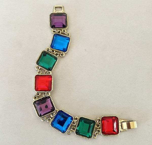 Fabulous multicolored rhinestone link metal bracelet
