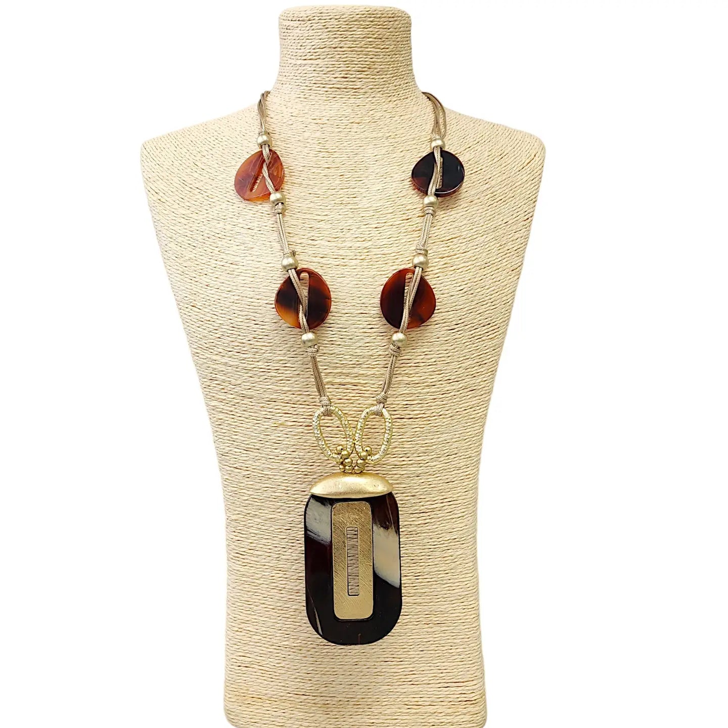 Neutral Tortoise Shell Lucite & Gold Pendant Necklace