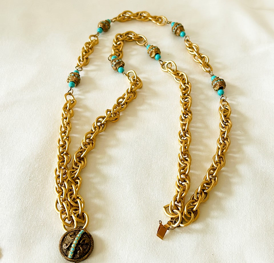 Stunning 1970s designer style double chain necklace with turquoise beaded accents